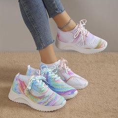 Women's Tie Dye Sports Shoes Comfy Knit Lace Up Running Shoes