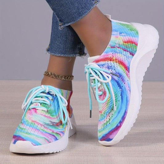 Women's Tie Dye Sports Shoes Comfy Knit Lace Up Running Shoes