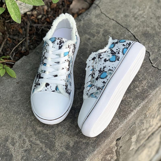 Floral Print Canvas Lace Up Sneakers Low Top Flat Walking Shoes