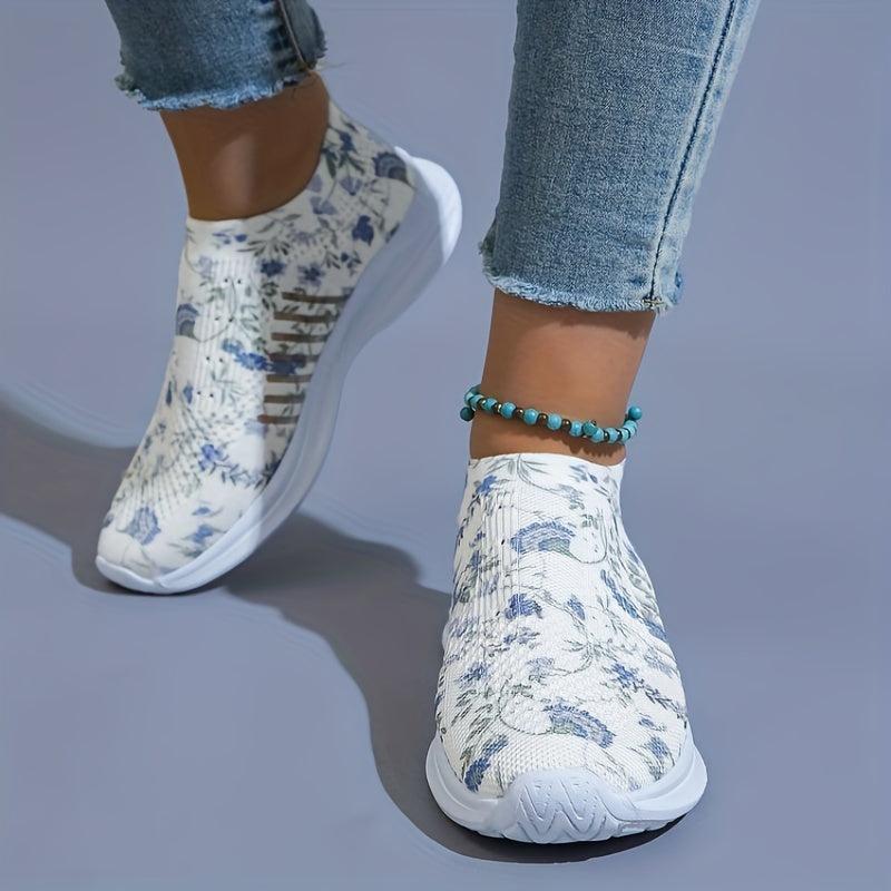 Floral Pattern Knit Sock Sneakers Lightweight Slip On Sports Shoes