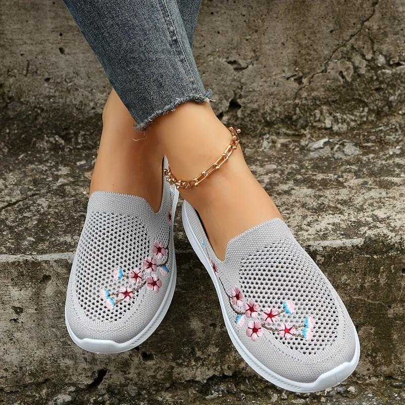 Women's Mesh Slip On Sneakers Floral Embroidered Lightweight Shoes