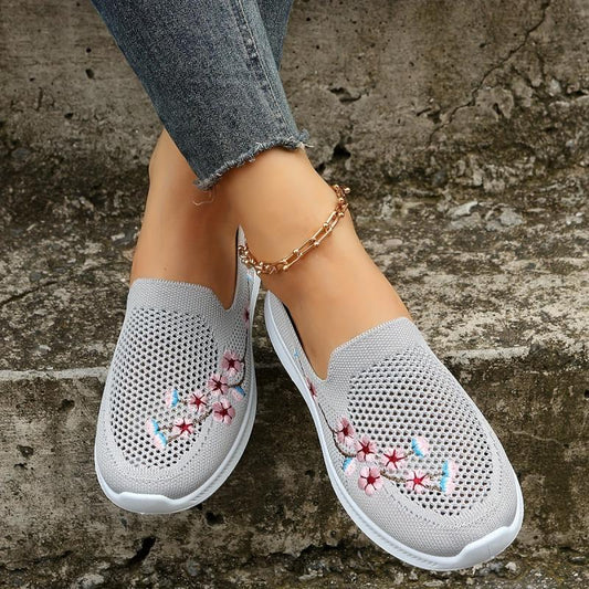 Women's Mesh Slip On Sneakers Floral Embroidered Lightweight Shoes