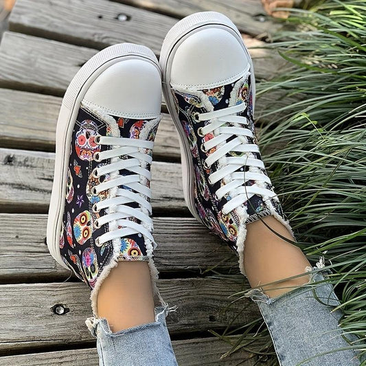 Women's Skull Graphic High Top Canvas Sneakers Lace Up Trainers