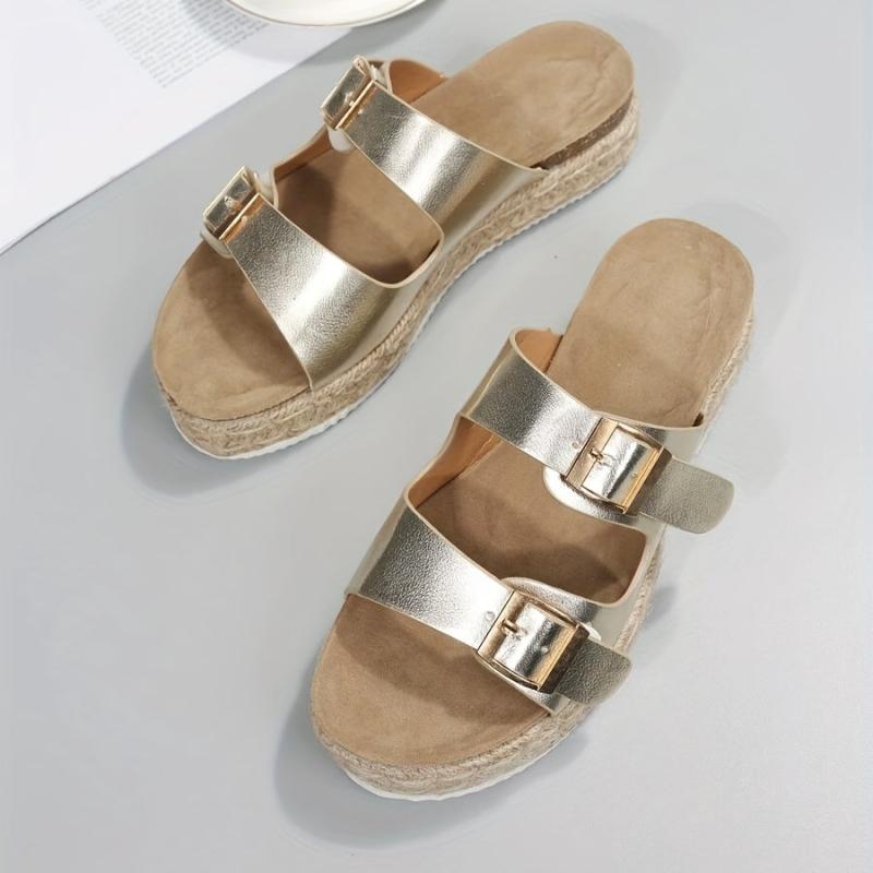 Women's Platform Sandals Round Toe Metal Buckle Shoes