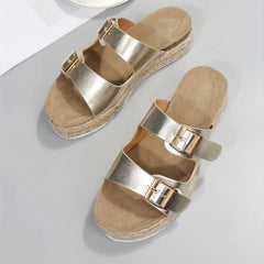 Women's Platform Sandals Round Toe Metal Buckle Shoes