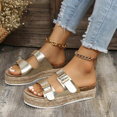 Women's Platform Sandals Round Toe Metal Buckle Shoes