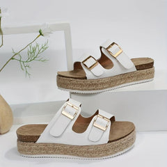 Women's Platform Sandals Round Toe Metal Buckle Shoes