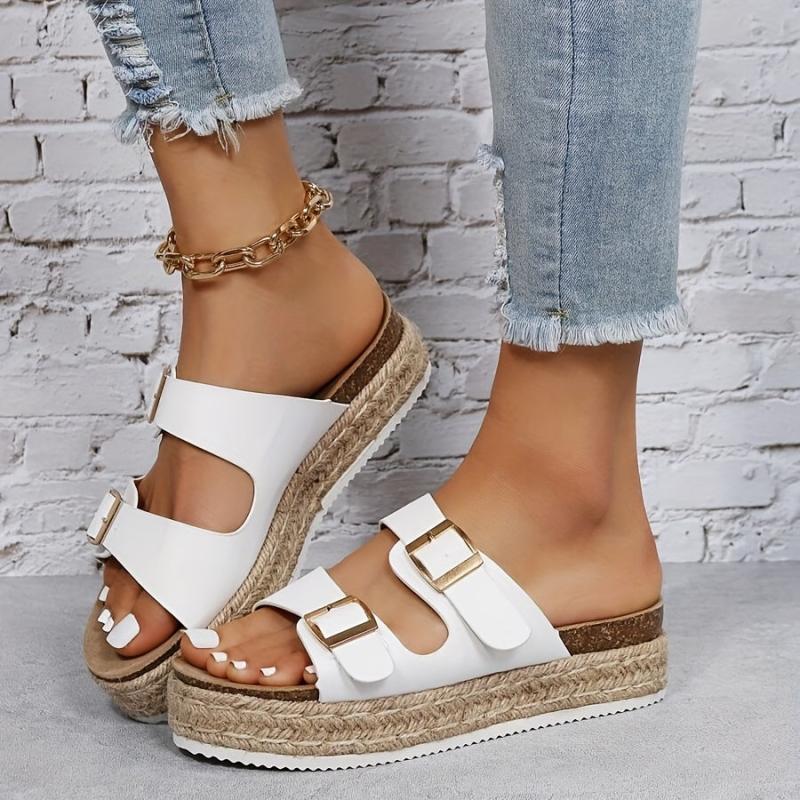 Women's Platform Sandals Round Toe Metal Buckle Shoes