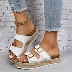 Women's Platform Sandals Round Toe Metal Buckle Shoes