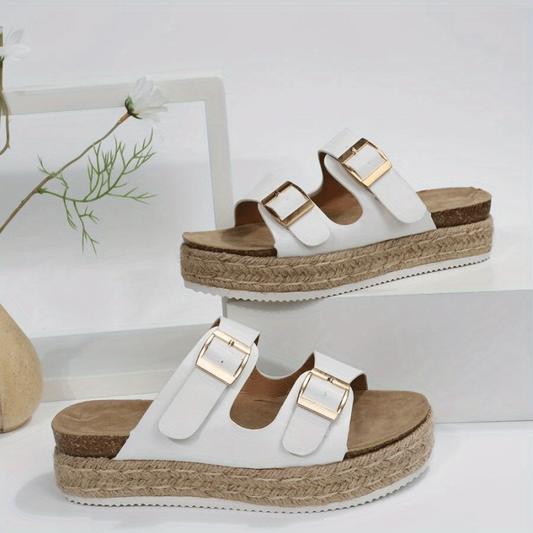 Women's Platform Sandals Round Toe Metal Buckle Shoes