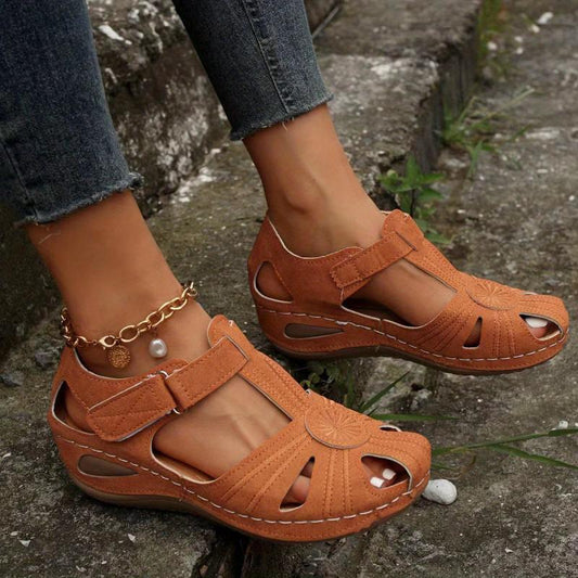 Women's Cut Out Wedge Sandals Hook & Loop Strap Platform Shoes
