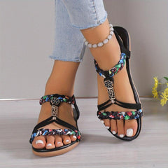Boho Style Flat Sandals Floral Open Toe Elastic Strap Shoes