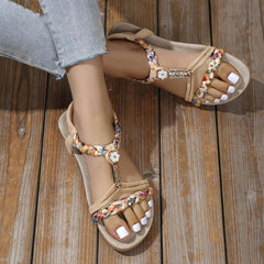 Boho Style Flat Sandals Floral Open Toe Elastic Strap Shoes