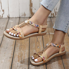 Boho Style Flat Sandals Floral Open Toe Elastic Strap Shoes