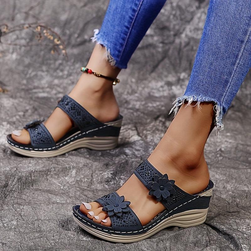 Flower & Rhinestone Wedge Sandals for Women