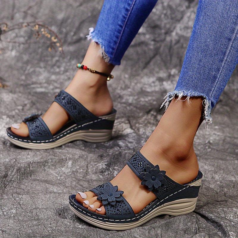 Flower & Rhinestone Wedge Sandals for Women