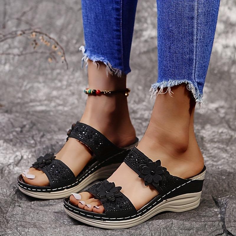 Flower & Rhinestone Wedge Sandals for Women