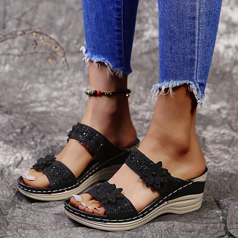 Flower & Rhinestone Wedge Sandals for Women