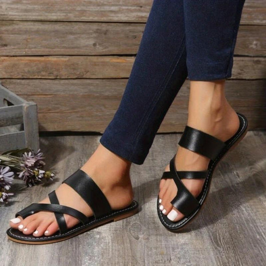 Women's Cross Strap Flat Slippers Open Toe Non Slip Solid Slides Shoes