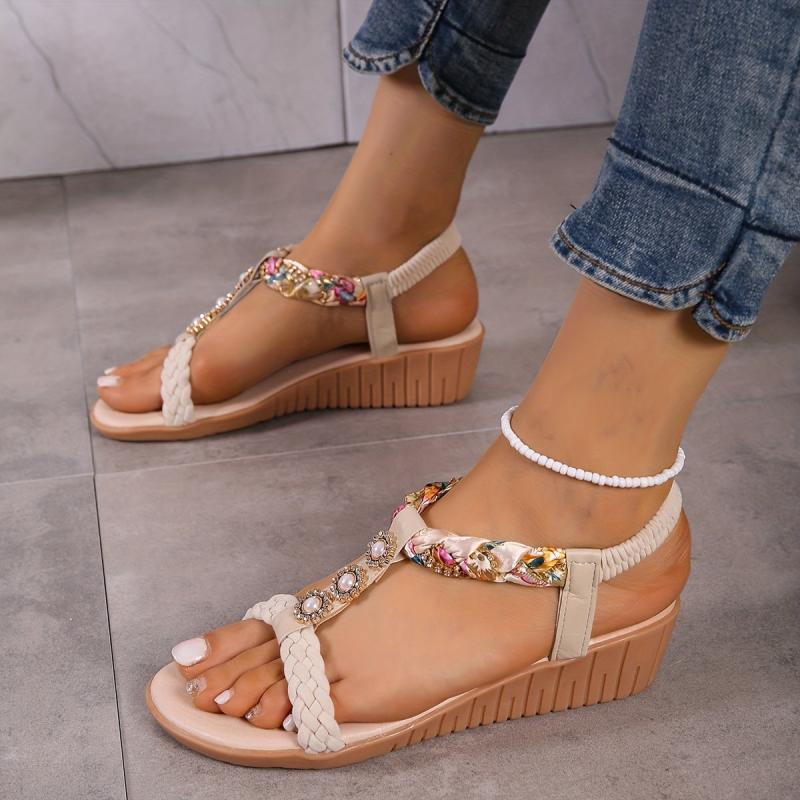 Boho Style Wedge Sandals Braided Strap Elastic Slip On Shoes