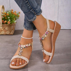 Boho Style Wedge Sandals Braided Strap Elastic Slip On Shoes