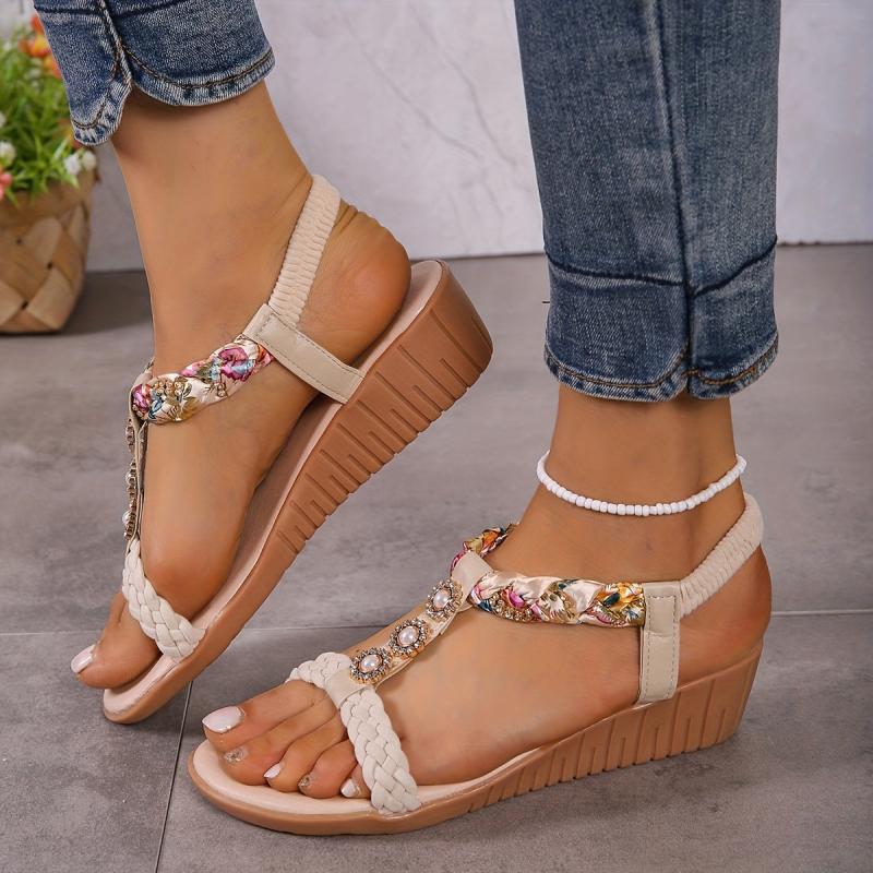 Boho Style Wedge Sandals Braided Strap Elastic Slip On Shoes