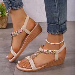 Boho Style Wedge Sandals Braided Strap Elastic Slip On Shoes