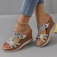 Rhinestone Wedge Sandals Open Toe Slip On Shoes