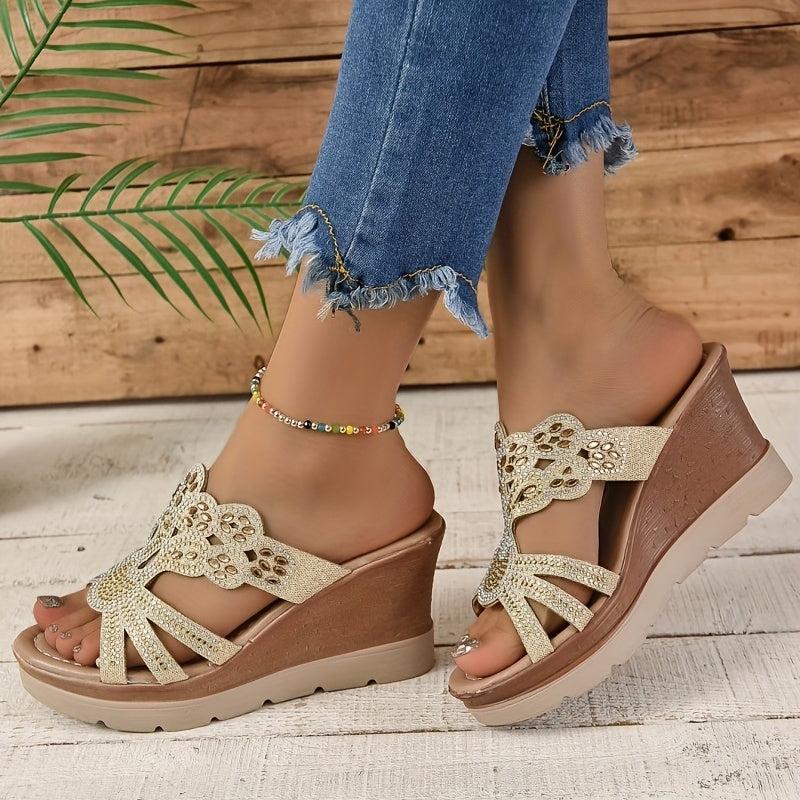 Rhinestone Wedge Sandals Open Toe Slip On Shoes