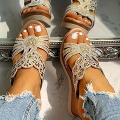 Rhinestone Wedge Sandals Open Toe Slip On Shoes