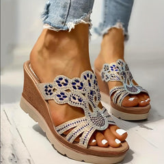 Rhinestone Wedge Sandals Open Toe Slip On Shoes