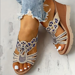 Rhinestone Wedge Sandals Open Toe Slip On Shoes