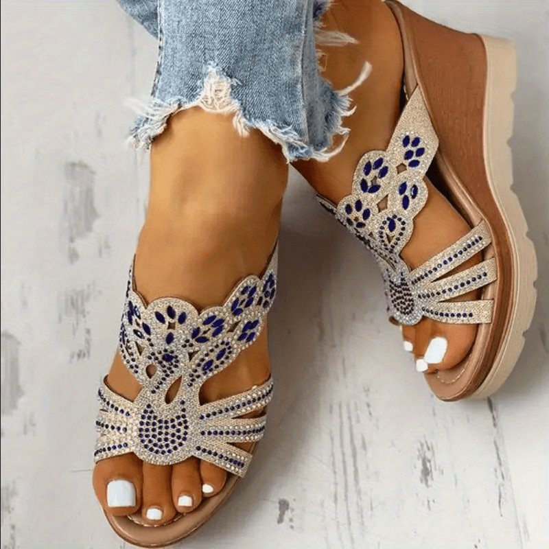 Rhinestone Wedge Sandals Open Toe Slip On Shoes