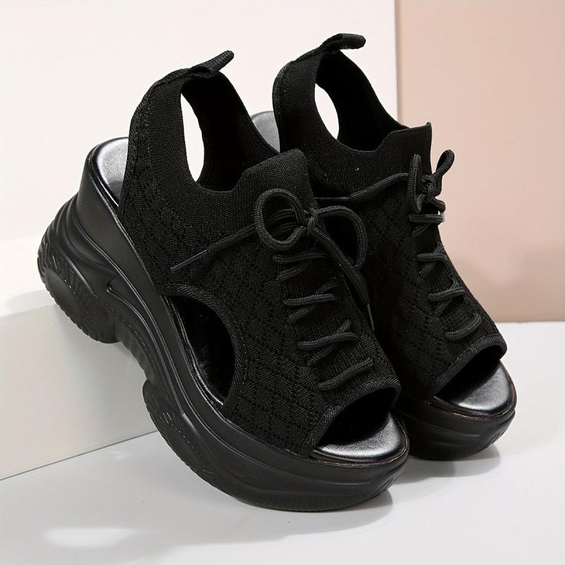 Women's Platform Wedge Sandals Lace Up Knit Cut Out Slingback Shoes