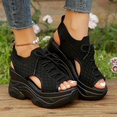 Women's Platform Wedge Sandals Lace Up Knit Cut Out Slingback Shoes