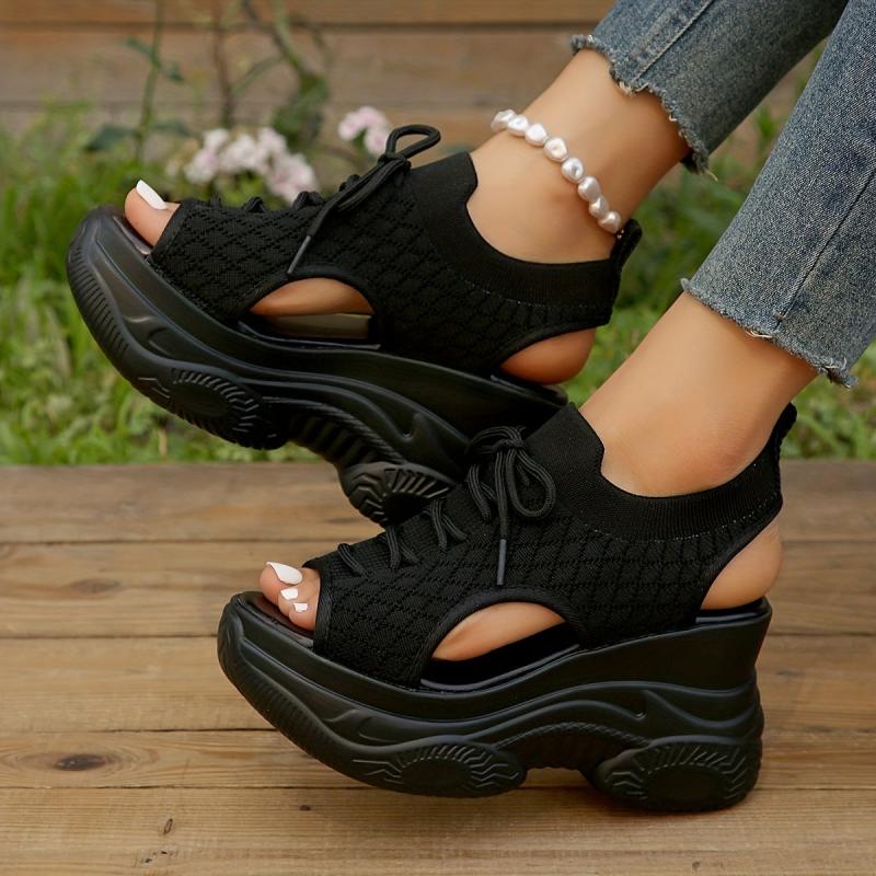 Women's Platform Wedge Sandals Lace Up Knit Cut Out Slingback Shoes