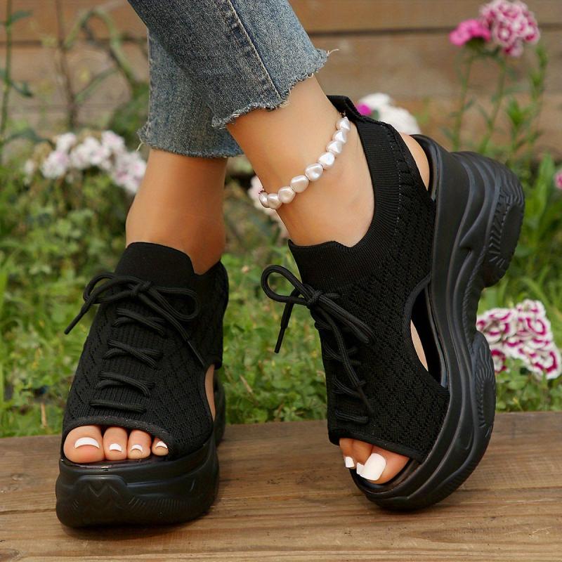 Women's Platform Wedge Sandals Lace Up Knit Cut Out Slingback Shoes