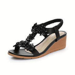 Boho Style Wedge Sandals Rhinestone Elastic Strap Slip On Shoes
