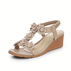Boho Style Wedge Sandals Rhinestone Elastic Strap Slip On Shoes