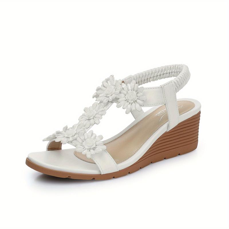 Boho Style Wedge Sandals Rhinestone Elastic Strap Slip On Shoes