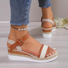 Women's Canvas Platform Sandals Strappy Back Buckle Thick Soled Shoes