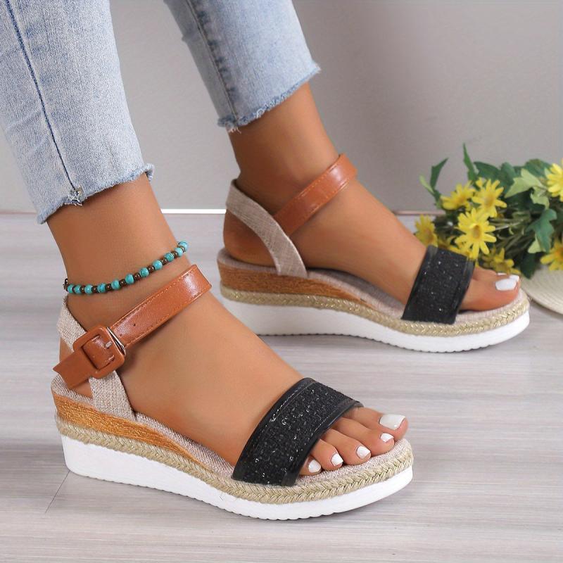 Women's Canvas Platform Sandals Strappy Back Buckle Thick Soled Shoes