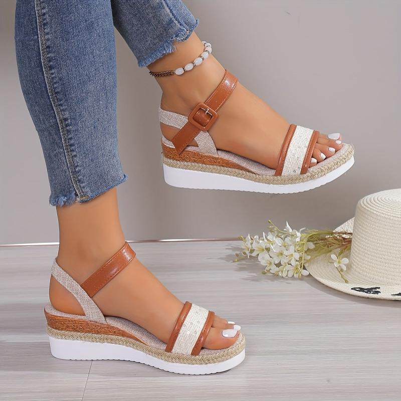 Women's Canvas Platform Sandals Strappy Back Buckle Thick Soled Shoes