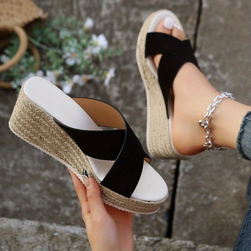 Women's Cross Strap Wedge Slide Sandals Open Toe Espadrilles