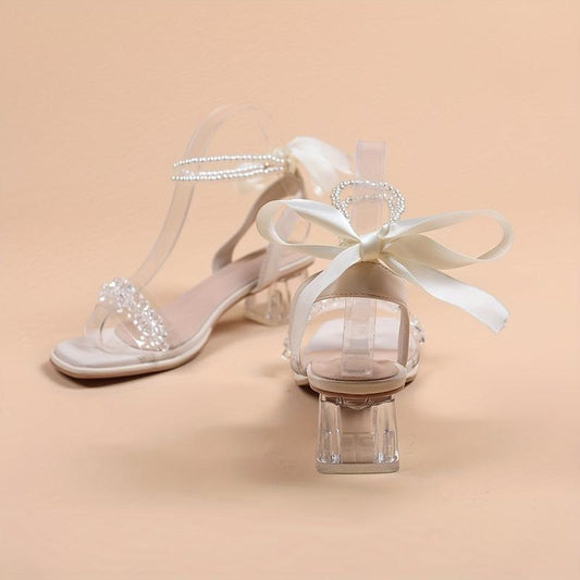 Pearl Lace-Up Block Heel Sandals