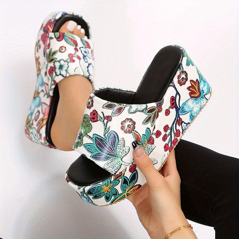 Floral Print Wedge Sandals Open Toe Slide Sandals