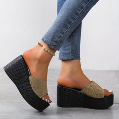 Women's Glitter Wedge Heel Slippers Open Toe High Heel Slides