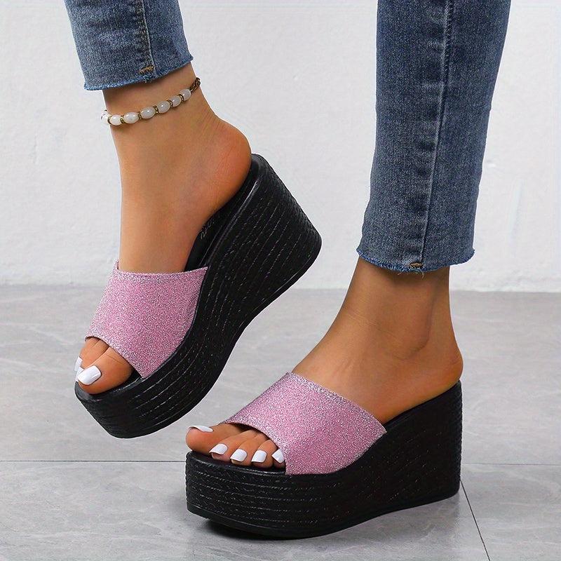 Women's Glitter Wedge Heel Slippers Open Toe High Heel Slides
