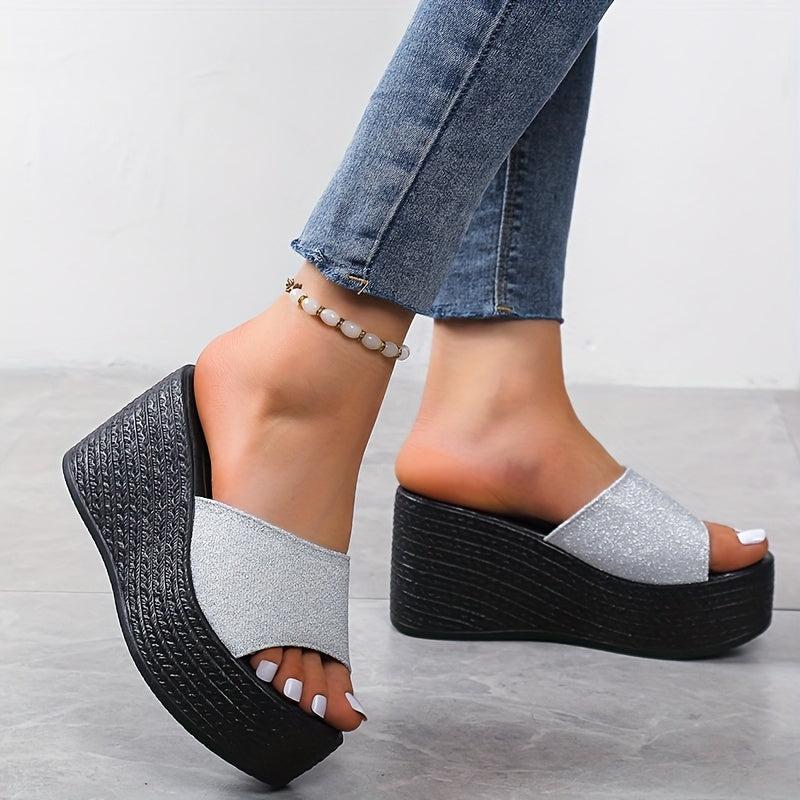 Women's Glitter Wedge Heel Slippers Open Toe High Heel Slides