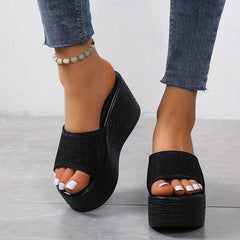 Women's Glitter Wedge Heel Slippers Open Toe High Heel Slides